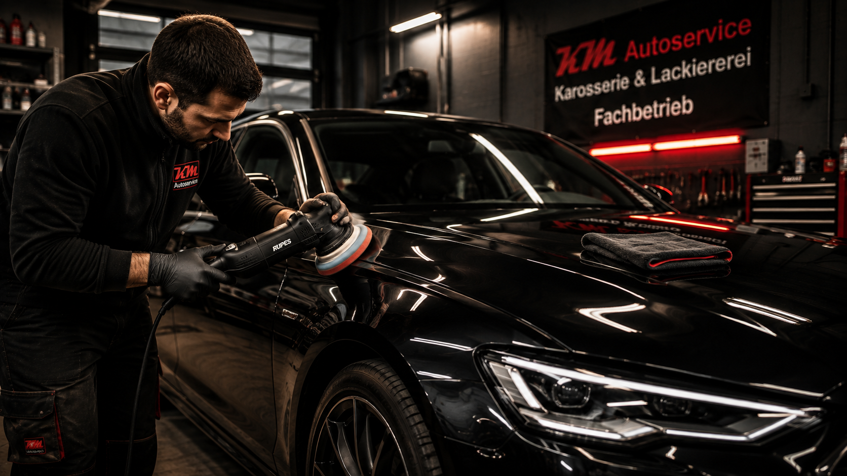 Politur einer schwarzen Limousine in der Werkstatt